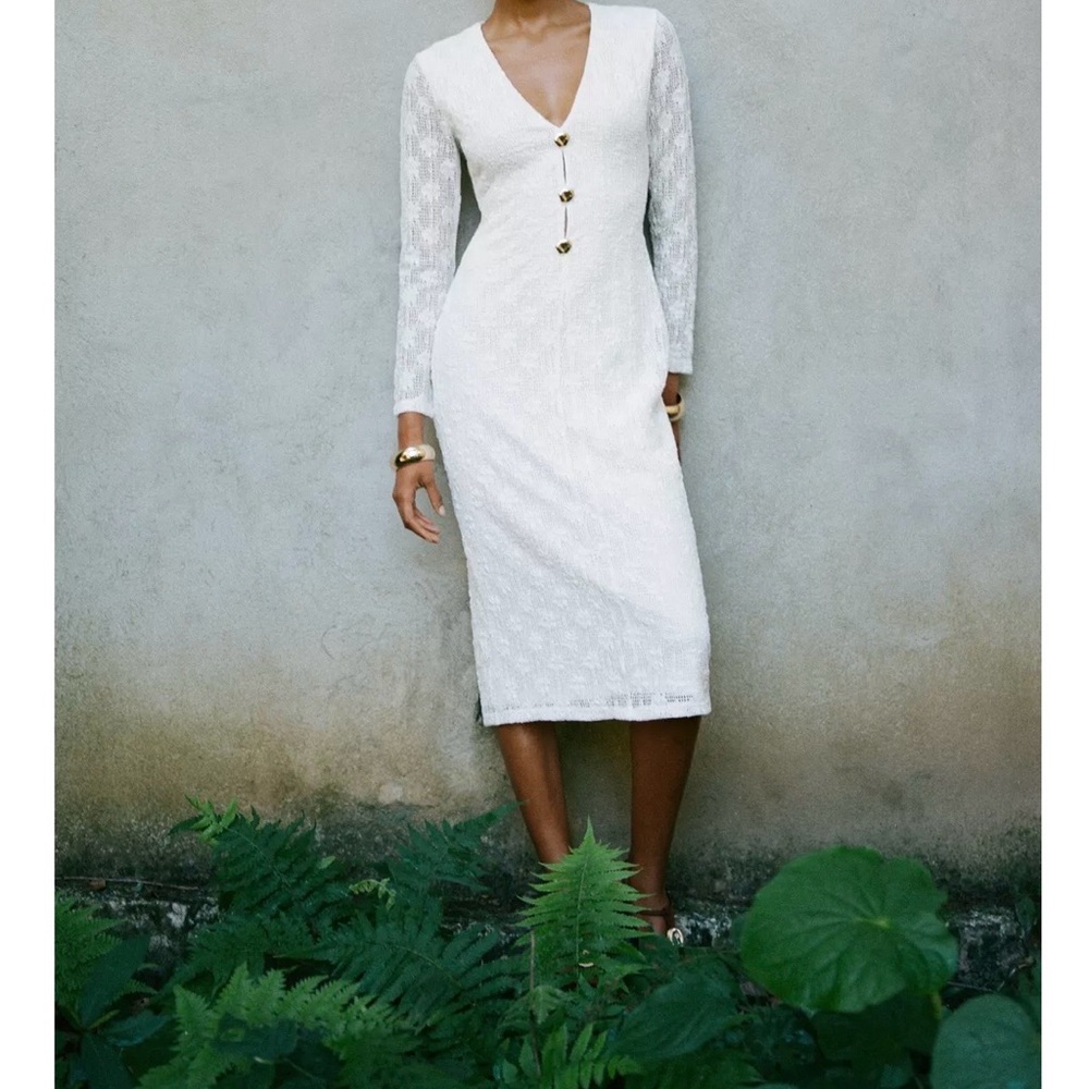 Zara White Midi Dress with Gold Buttons